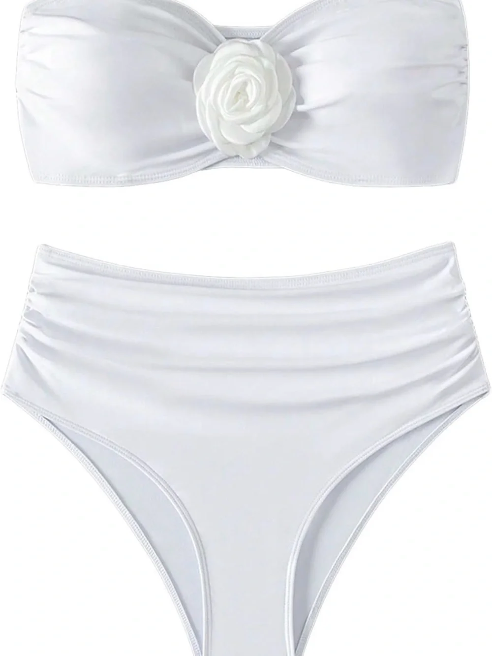 White Strapless Bandeau 3D Floral High-Waist Bikini Set Women’s Swimsuit
